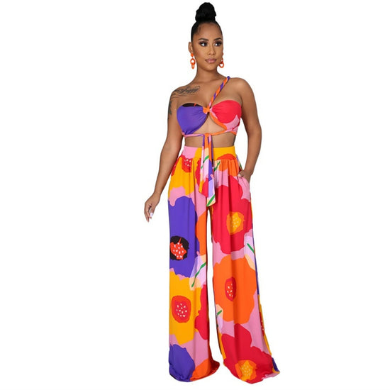 Dashiki Floral Print Two-Piece Set - Elegant Long Dress and Tube Top Pants for Women