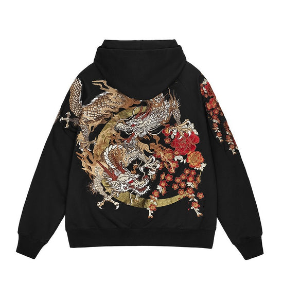 Urban Dragon Tales Embroidery Hooded Cardigan Sweater Jacket